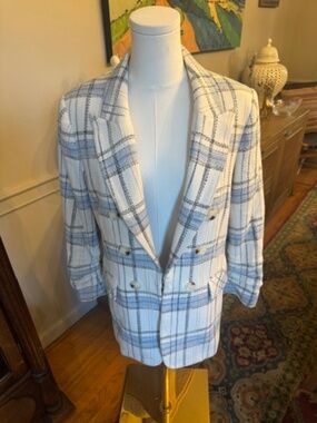 Veronica Beard White Blue Plaid Tweed Double Breasted Blazer Size 8